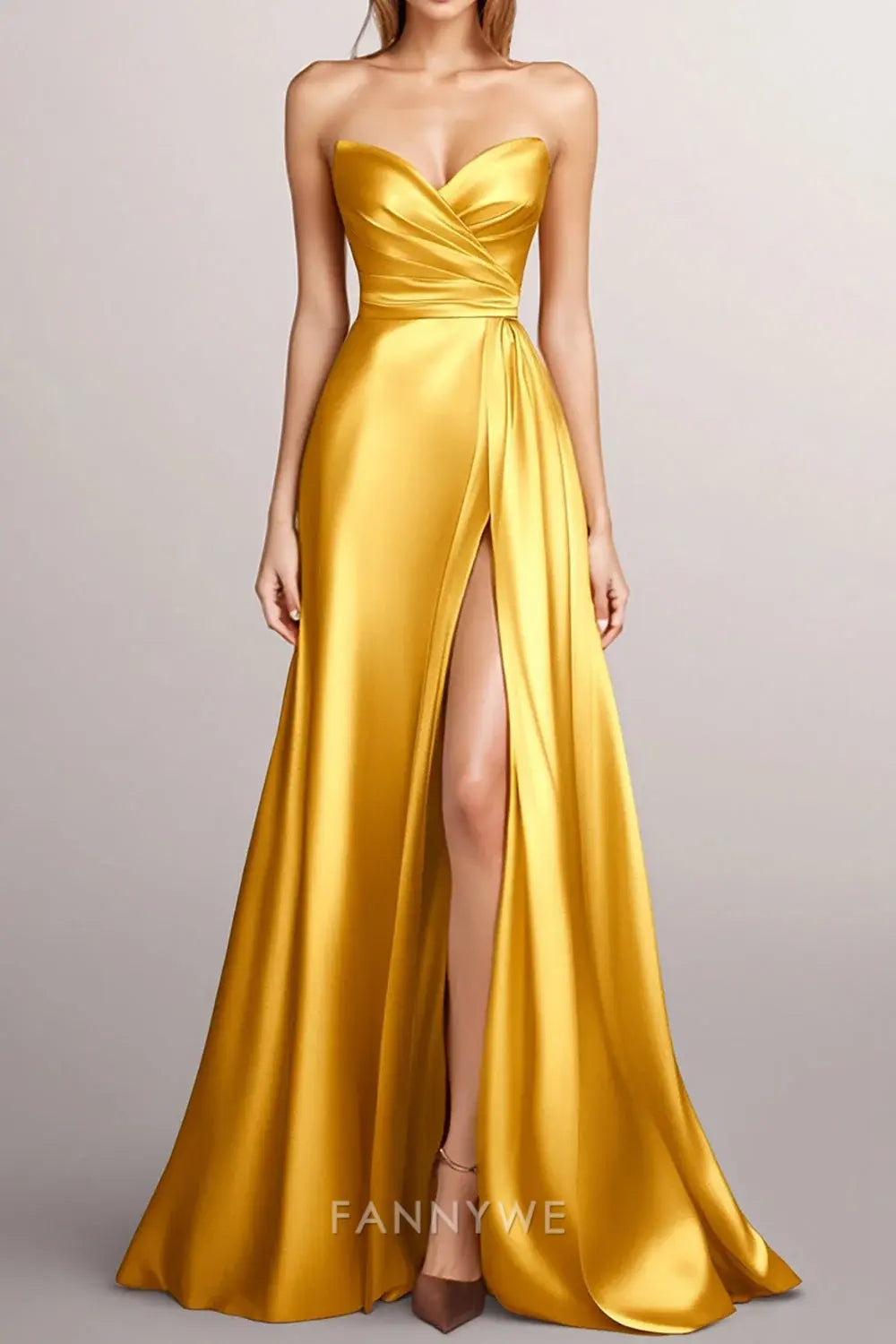 FannyWe Simple Evening Dresses Yellow A-Line Strapless Wrap Ruched Satin Long Formal Dress with Slit hot sale